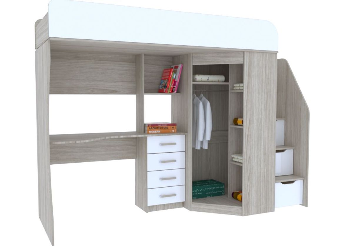Кровать-чердак подростковая Антилия (Дуб Крафт белый/Белый глянец) | фото 5