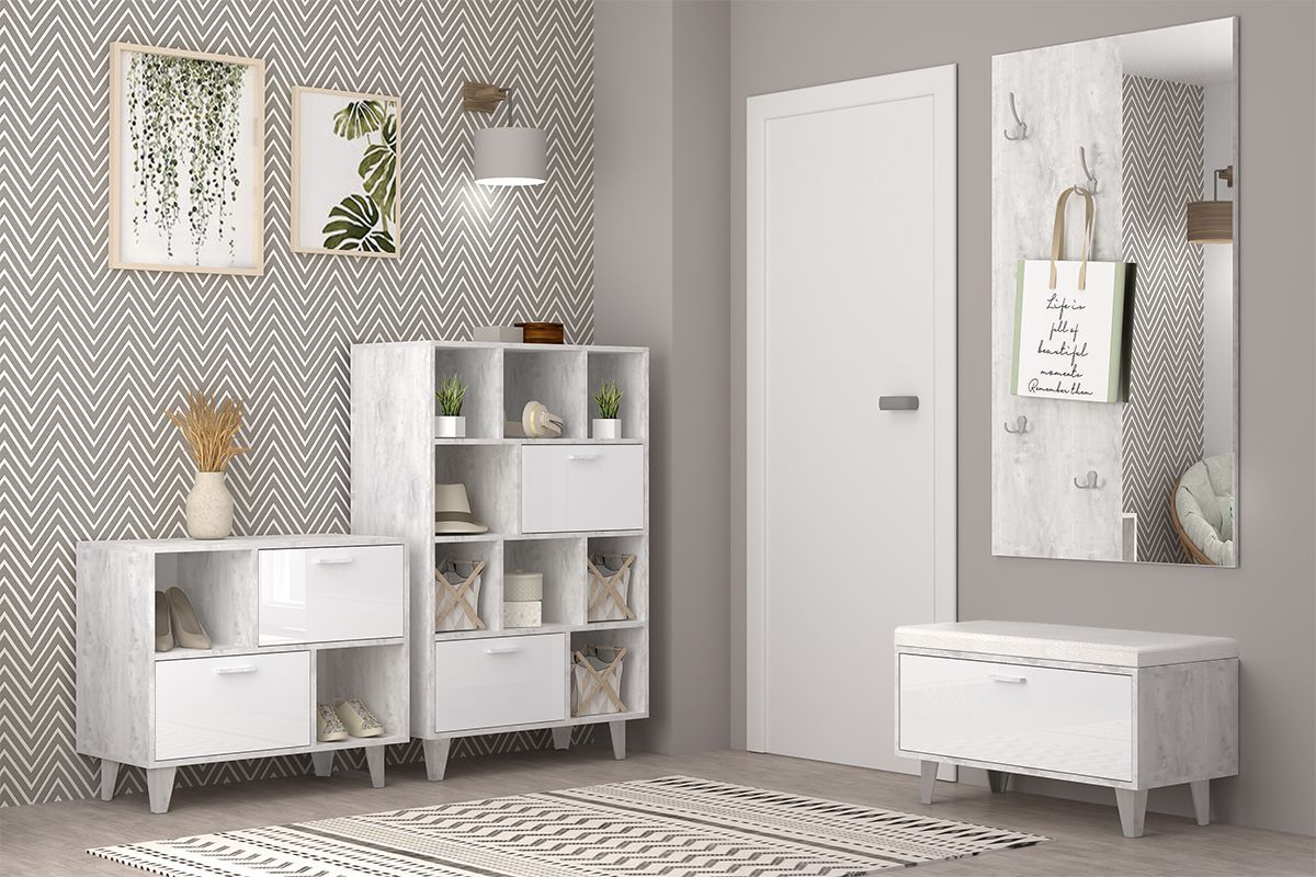 Обувница Эго Об-1 (на ножках) Бетон светлый/Белый глянец | фото 2