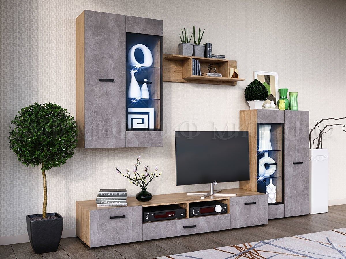 Нэнси New Пенал-стекло навесной исп.2 (ЛДСП) Бетон светлый/Сонома | фото 3