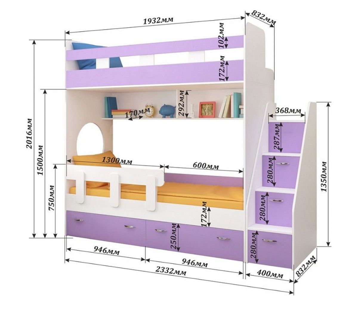 Кровать 2-х ярусная Юниор 1 без бортика (800*1900) Белое дерево, Анкор темный, Венге, Дуб сонома | фото 2